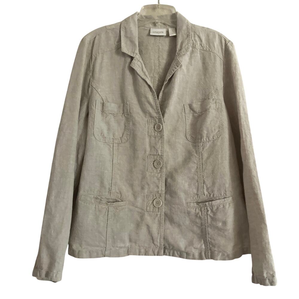 Chicos Linen 4 Pocket Button Jacket Womens Size L Layer Work Travel Lightweight